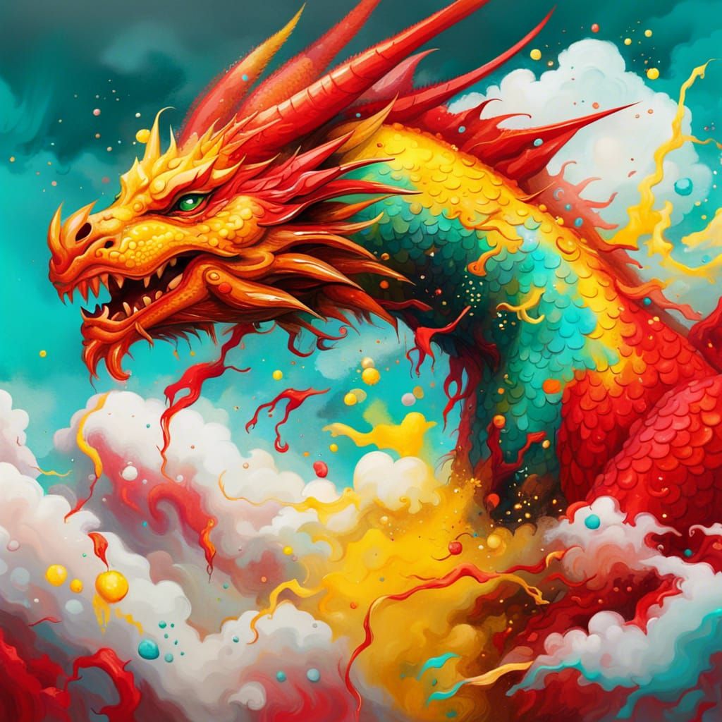 Red Dragon Flies in Graffiti Art Sky