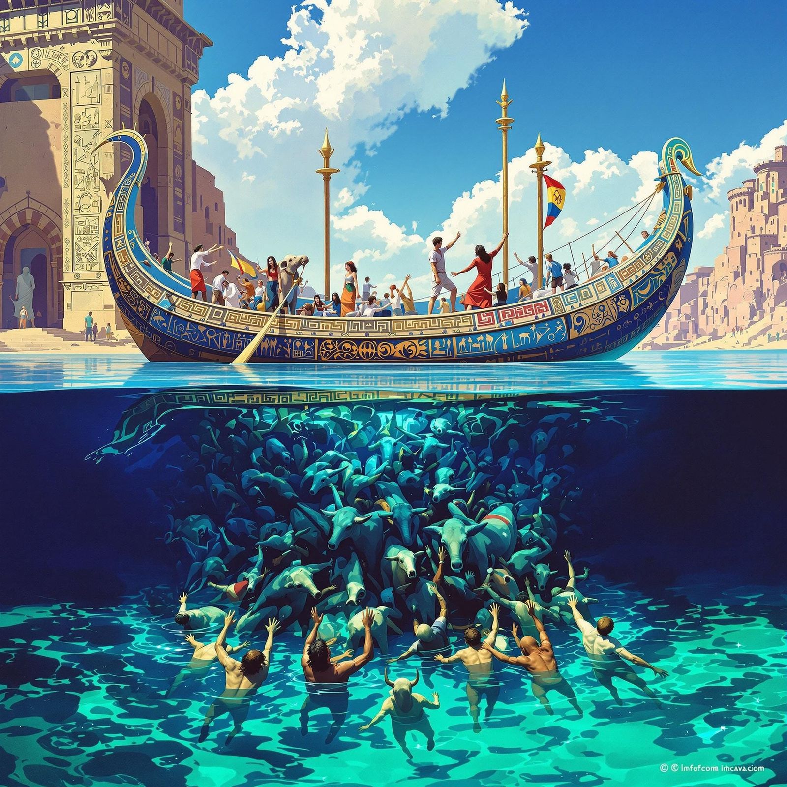 Ethereal Vessel Sails Serenely on Turquoise Waters Amidst Ch...