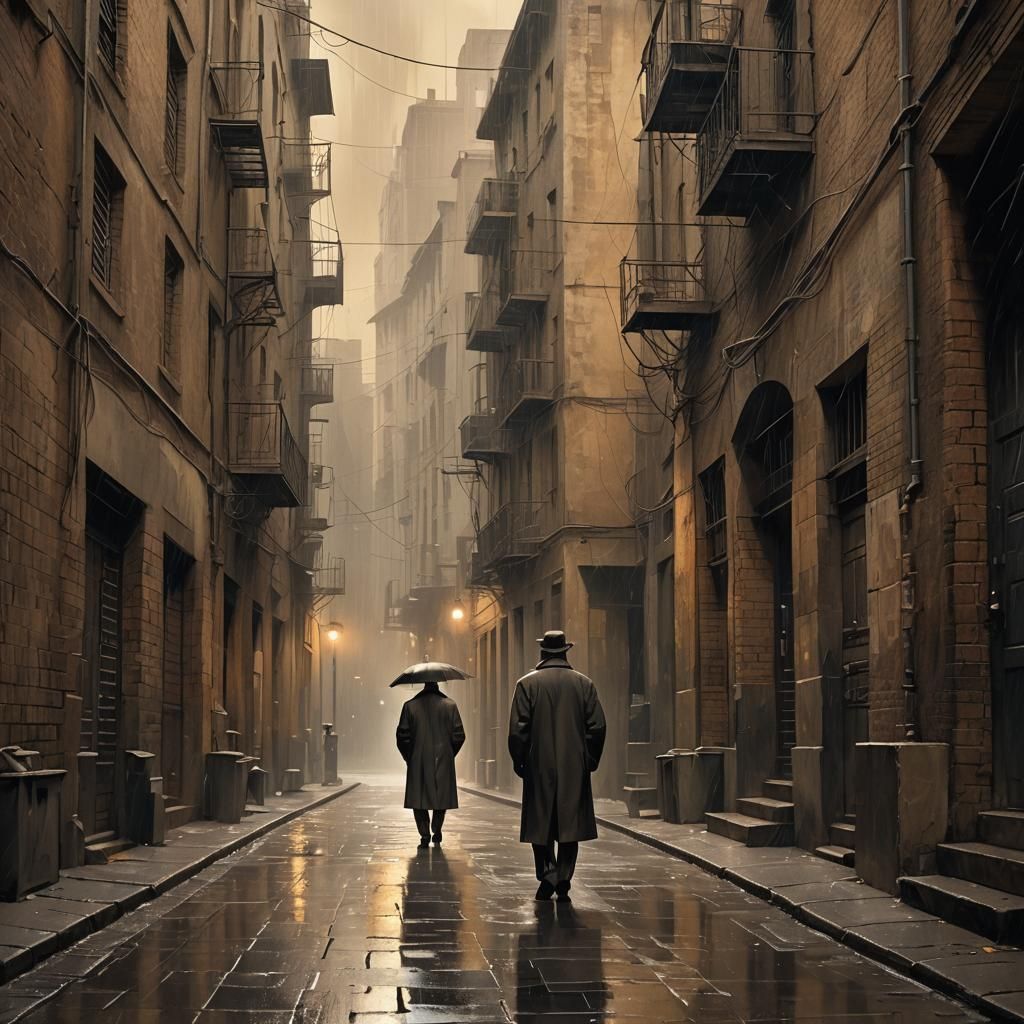 Film Noir Figure in Cubist Style Alleyway