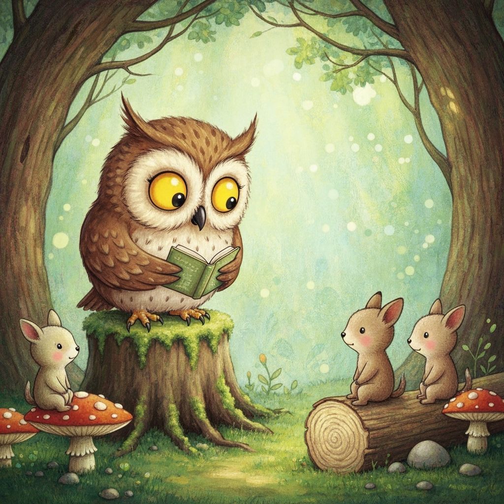 Cute Cartoon Owl Teaches Reading in Woodland Grove