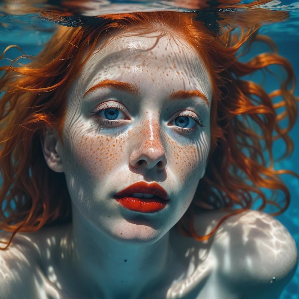 Underwater Woman with Freckles and Dramatic Shadows