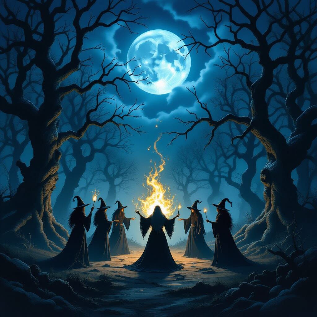 Witches Ritual in Moonlit Forest Dark Fantasy Art