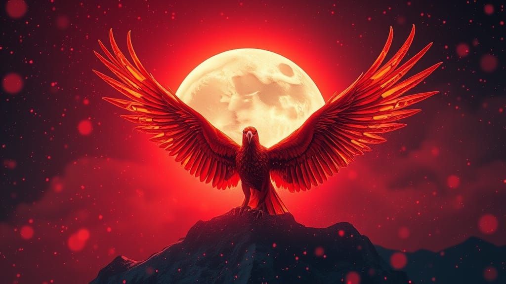 Phoenix Rising Over Moon in Abstract Photorealism