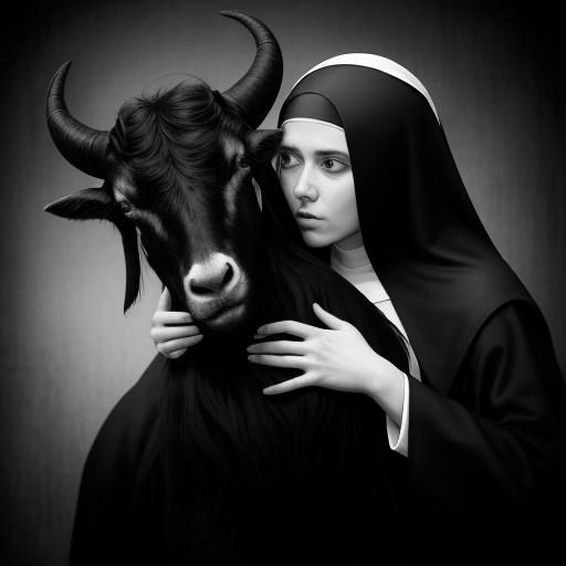 Nun Hugging Goat: Surreal Black and White Photo
