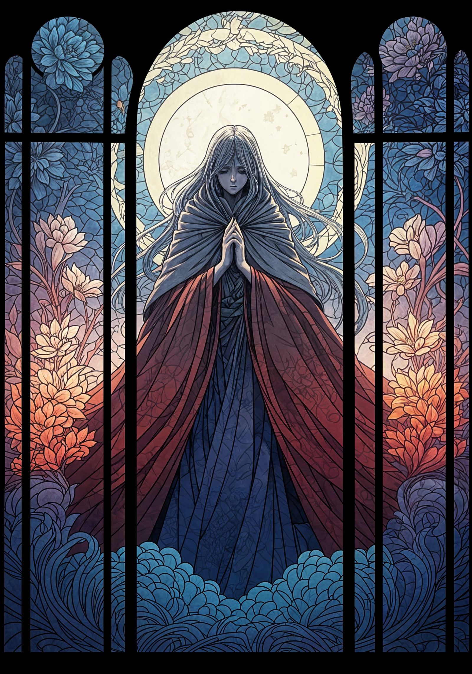 Ethereal Moon Goddess in Anime Stained Glass Style