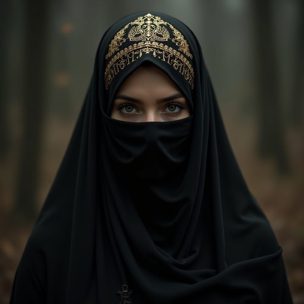 Darkly Adorned Muslim Woman in Islamic Niqab with Golden Orn...