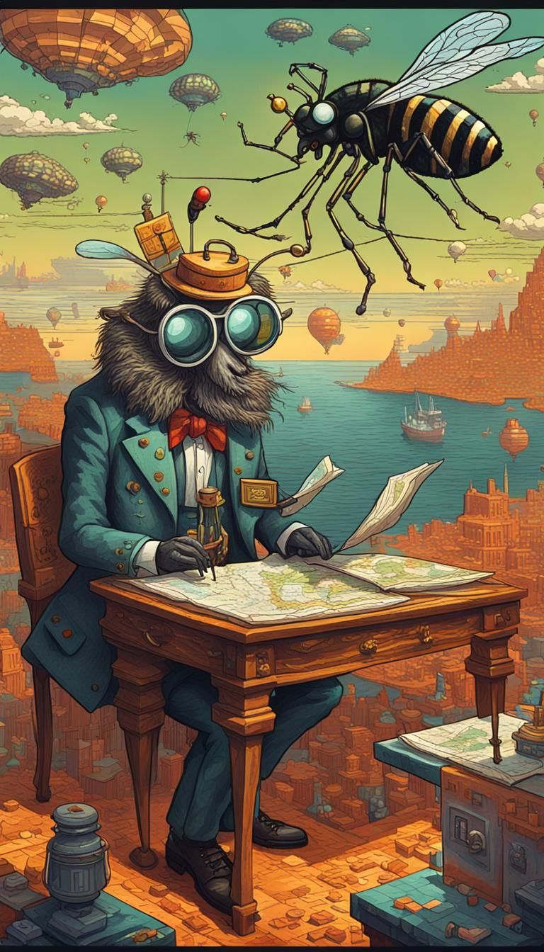 An anthropomorphic mosquito in a Titanic-inspired Edwardian outfit studies a map, seeking out festivities across fantast...