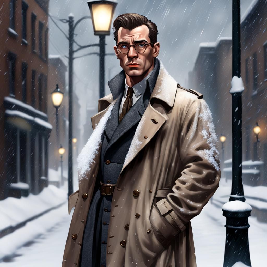 1950s Detective on Snowy Street Corner