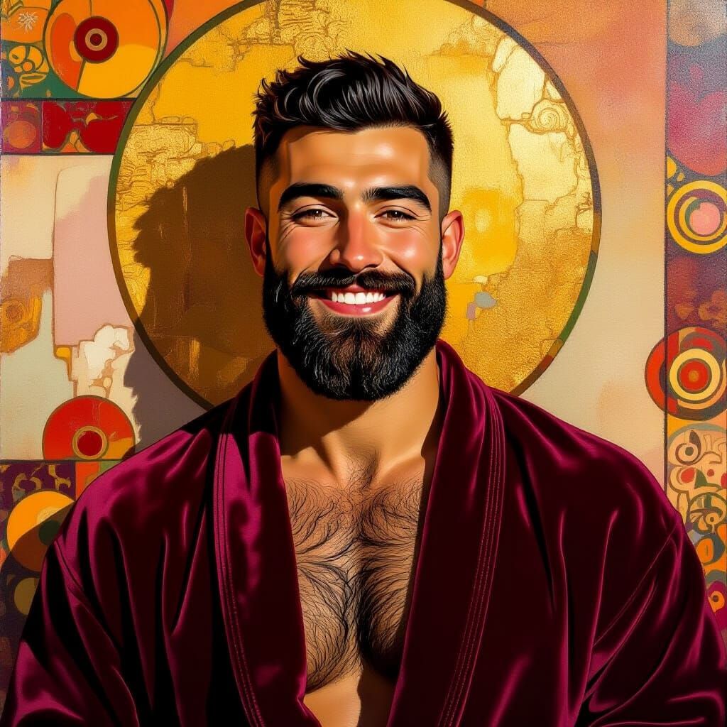 Smiling Bearded Man in Velvet Bathrobe, Impasto Oil Painting