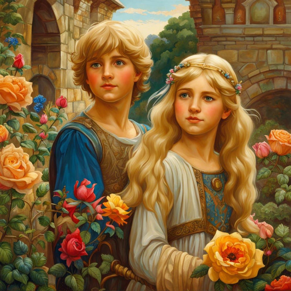 Medieval Children in Rose Garden: Waterhouse Style