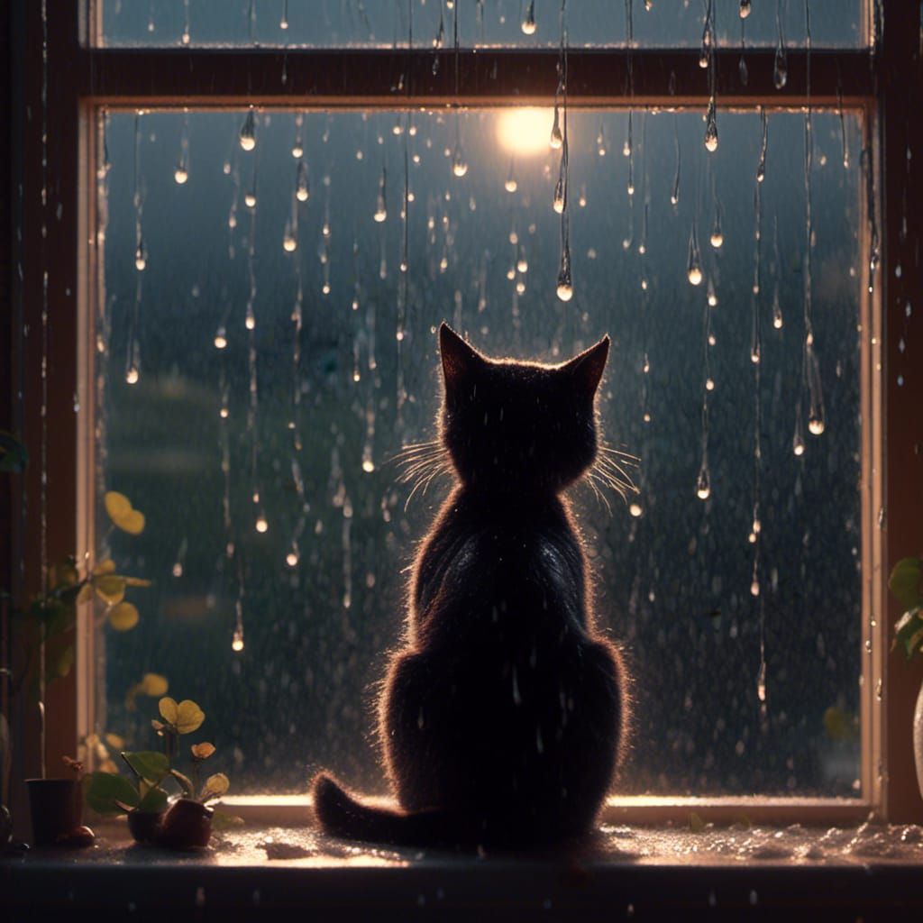 Black Cat Gazing at Storm Through Window
