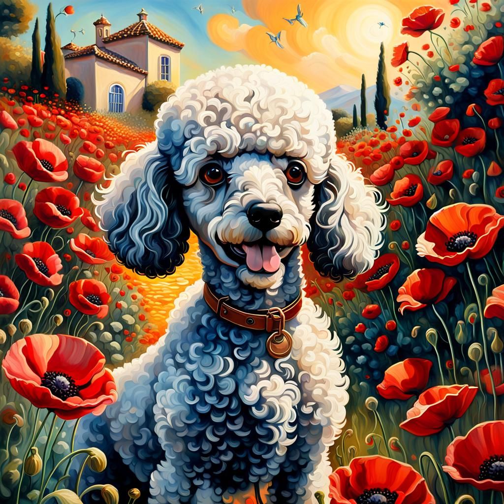 Poodle and Poppies in Surreal Dreamscape