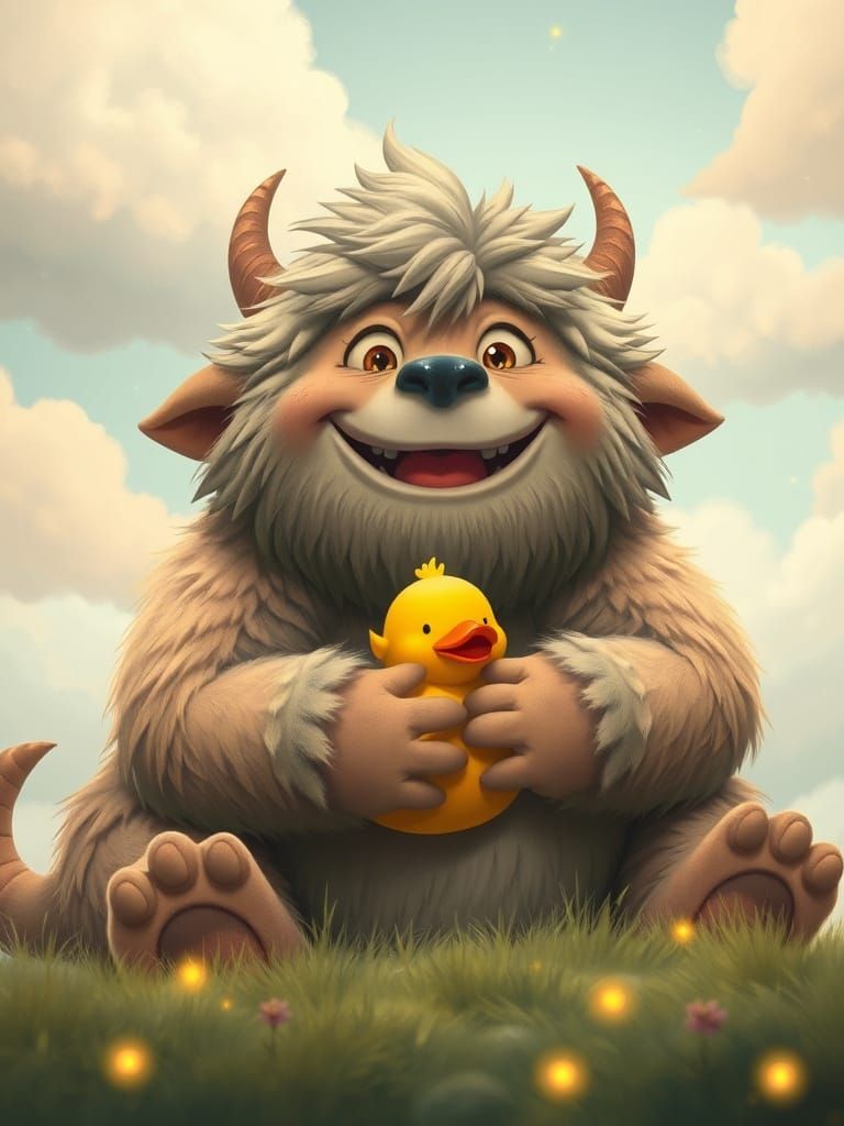 Whimsical Creature Hugs Rubber Ducky in Pastel Fantasy