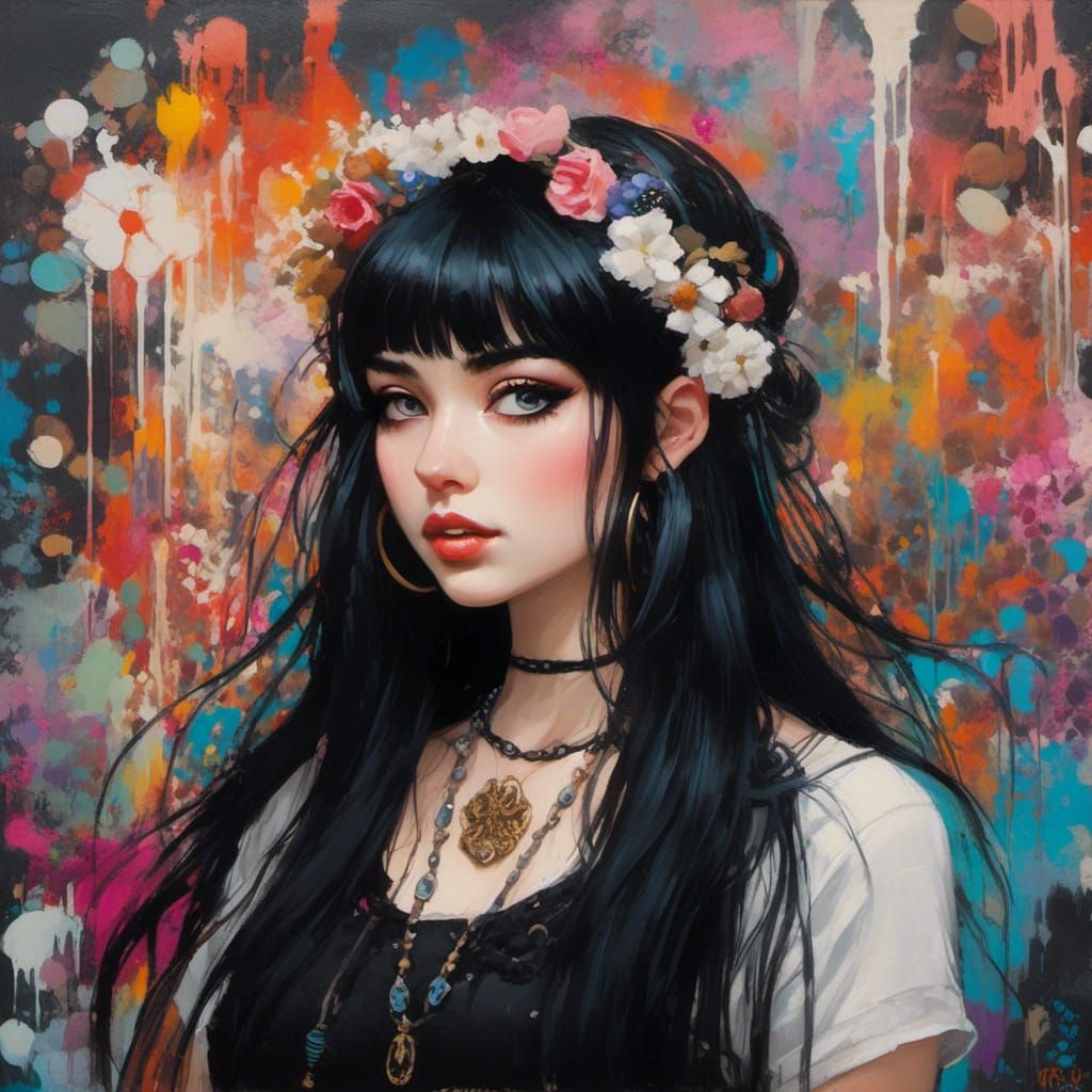 <lora:Pencil Sketch Art:1.0> A hyper realistic, pencil sketch art portrait, of a lovely and dreamy goth girl, with long ...