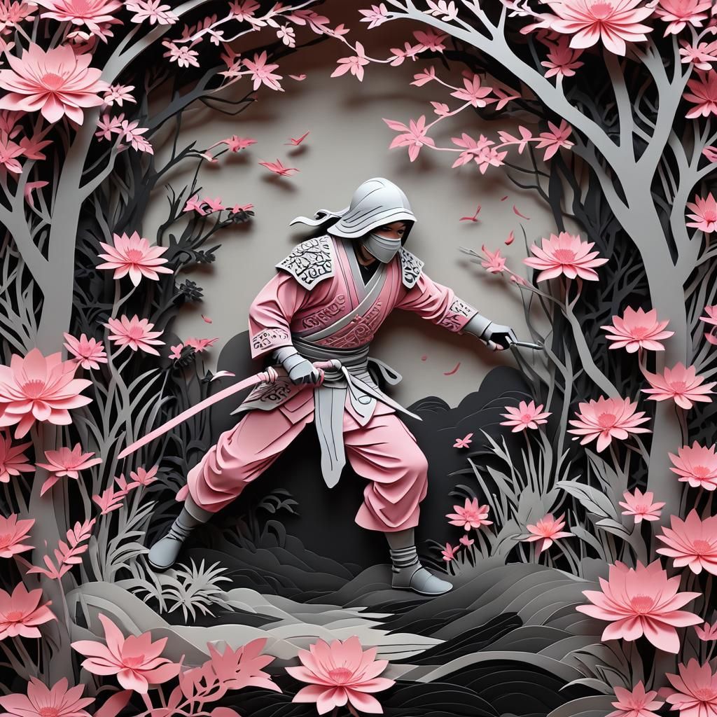 Kirigami Ninja Emerges from Floral Zen Garden