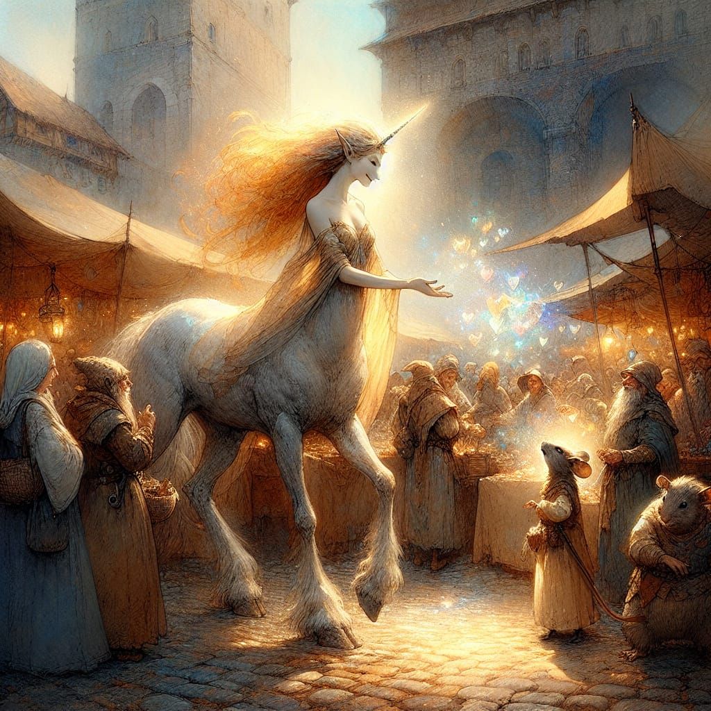 Medieval Market with Centaur in Watercolor Style