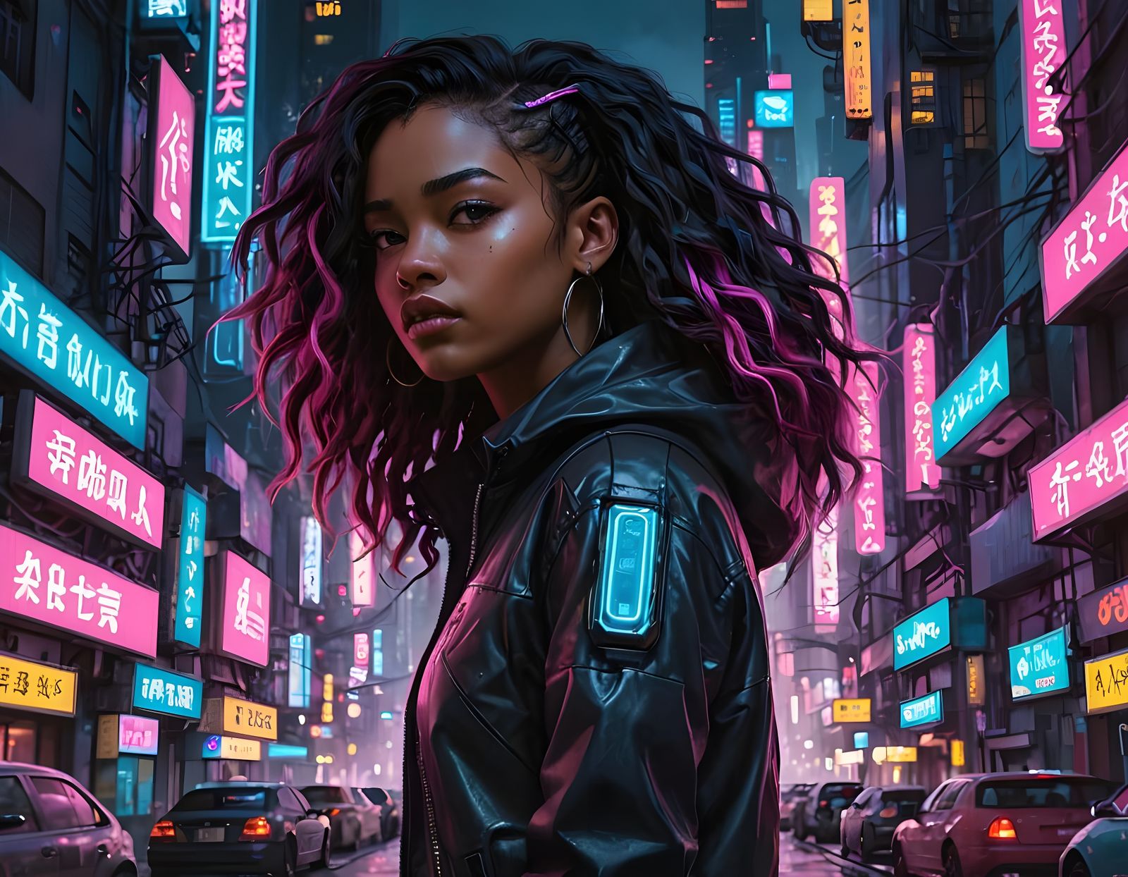 Cyberpunk Goddess Emerges in Futuristic Cityscape