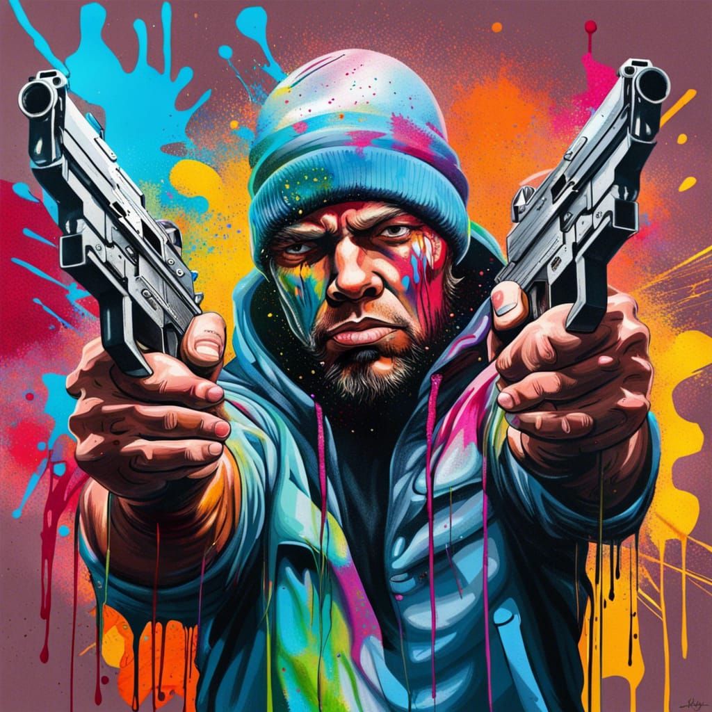 Graffiti Art: Man with Gun in Polychromatic Splashes
