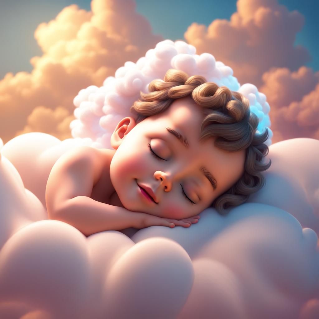 Baby Angel Sleeping on Cloud: 3D Digital Art