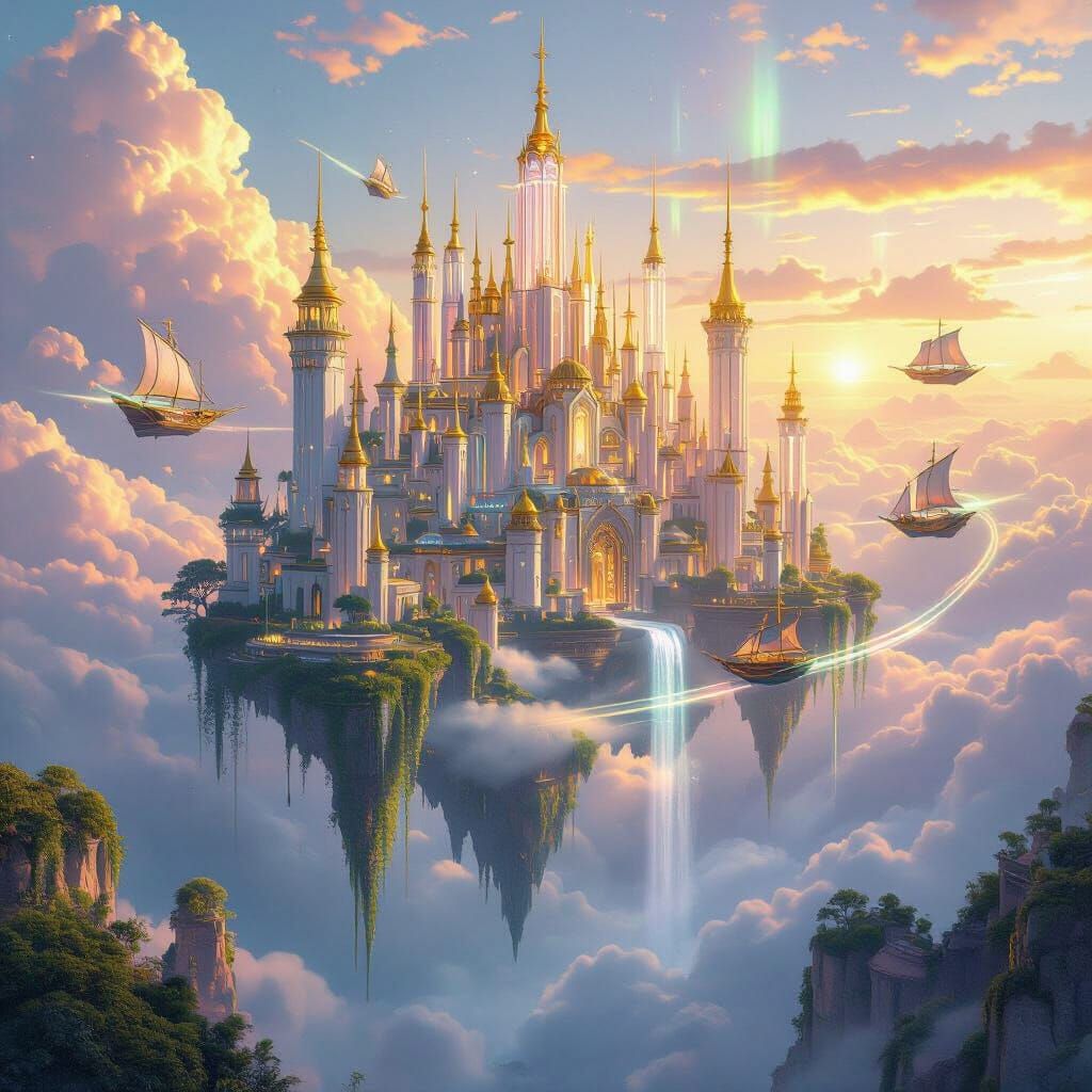 Majestic Floating City Above Clouds at Sunset