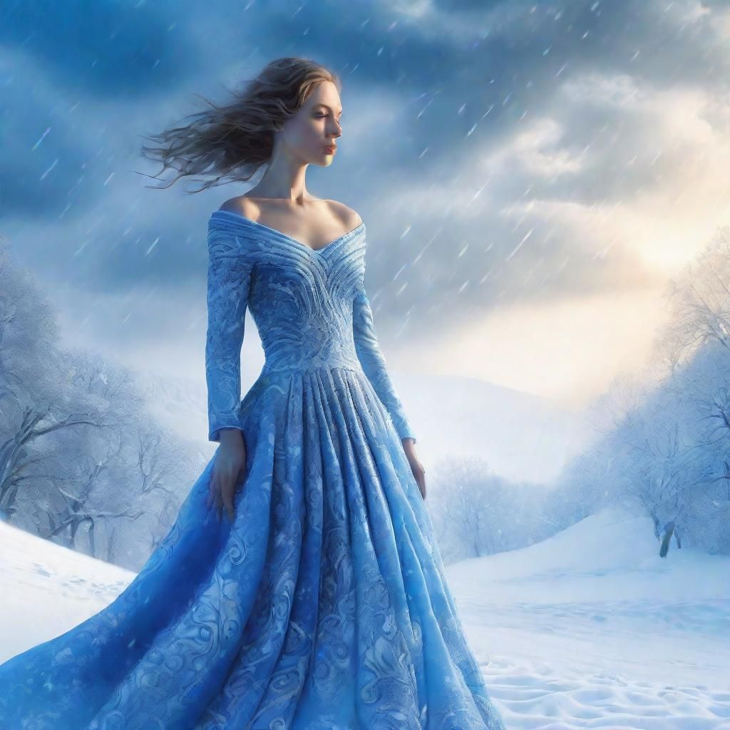Surreal Woman in Frosty Blue Dress Amidst Swirling Patterns