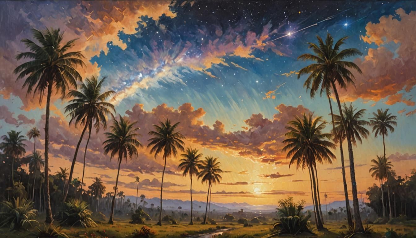 Palm Trees Under Galaxy Sky, Oil Painting Style
