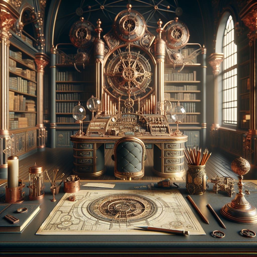 Steampunk Office with Nautilus Blueprints, Victorian Style