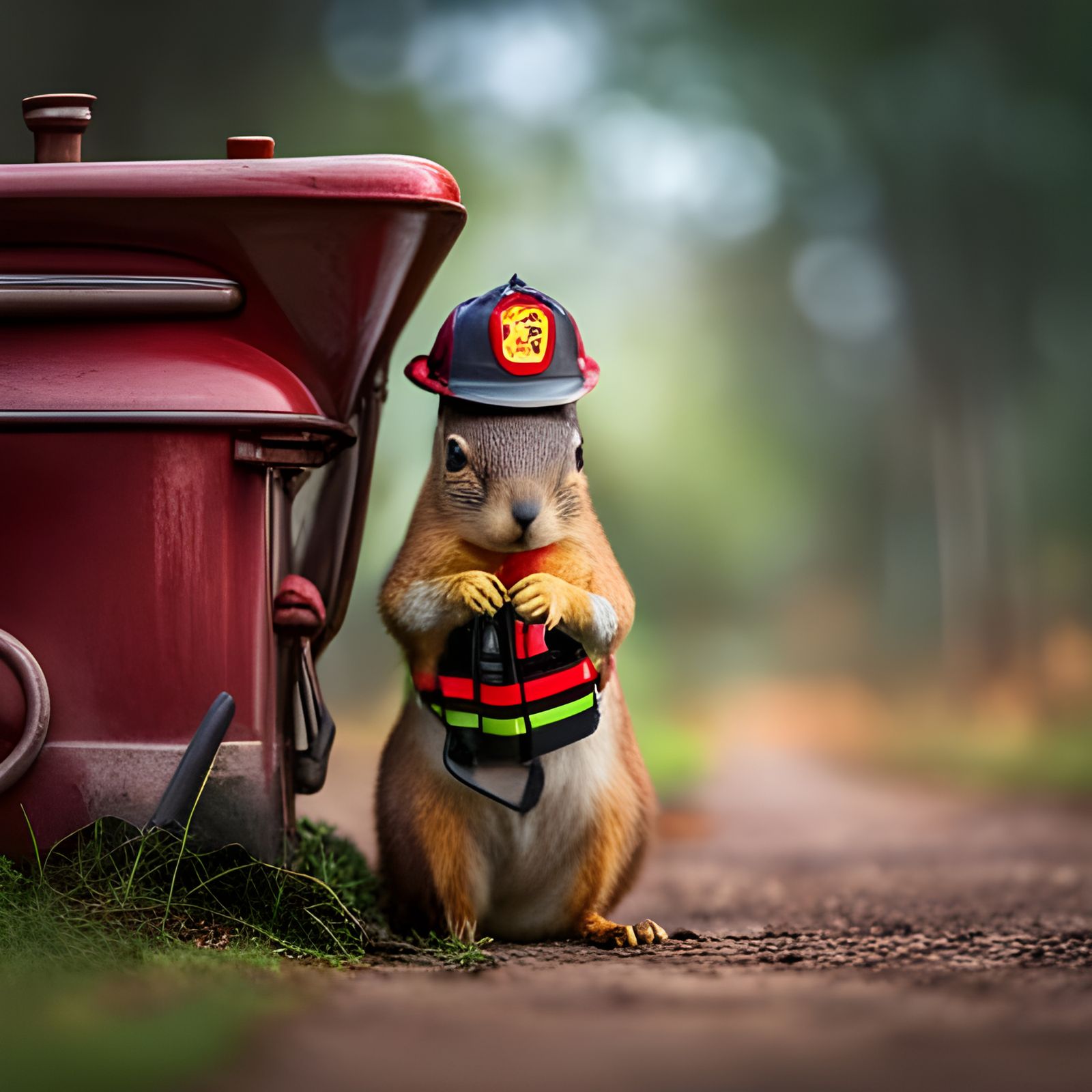 Squirrel Firefighter with Fire Truck