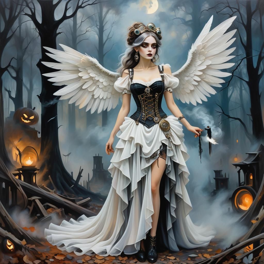 Steampunk Witch with Wings in Expressionist Oil Painting