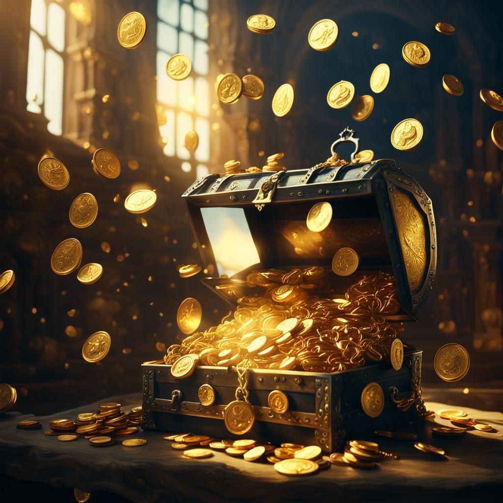 Golden Treasure in a Dimly Lit Chamber, a Luxurious Oil Pain...