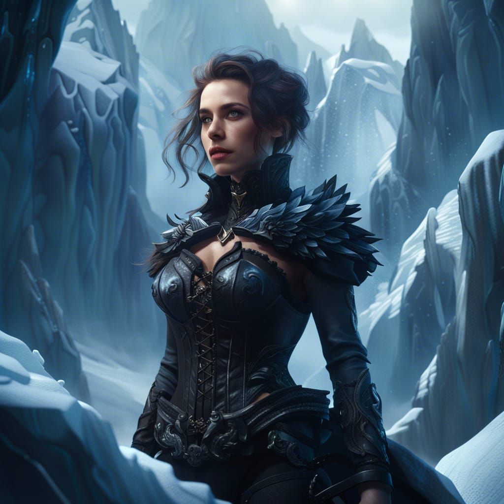 Dominant Woman in Corset on Ice Mountain