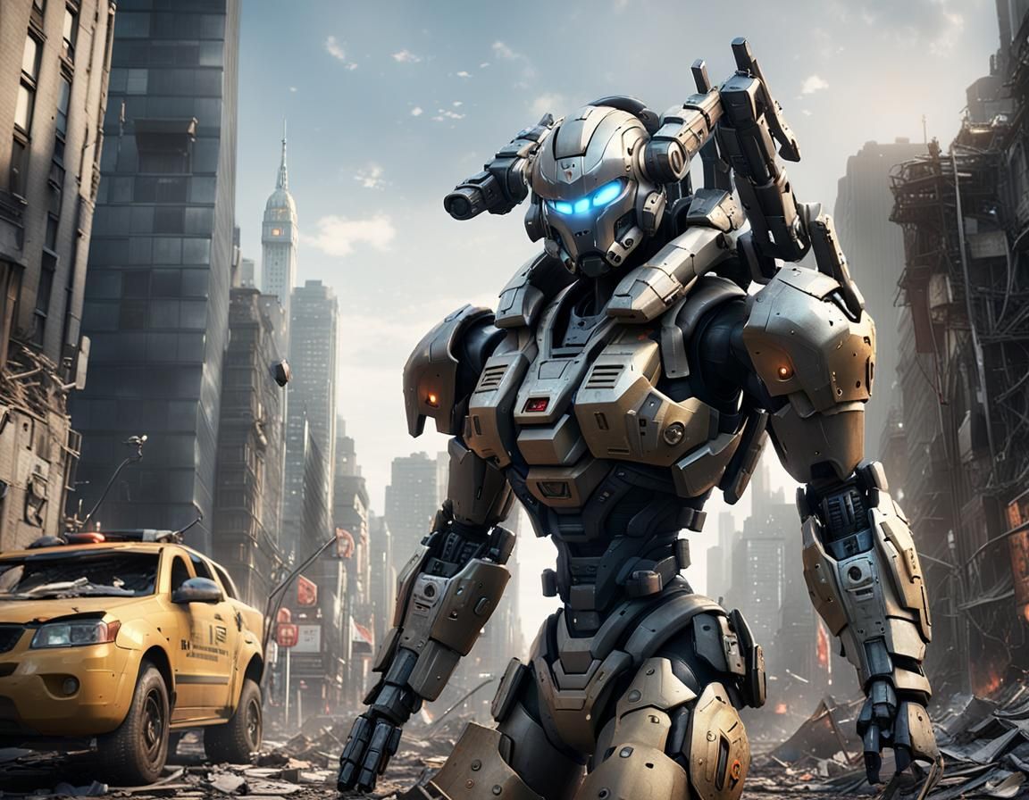 Cyborg Soldiers Patrol Ruined City in Sci-Fi Photo