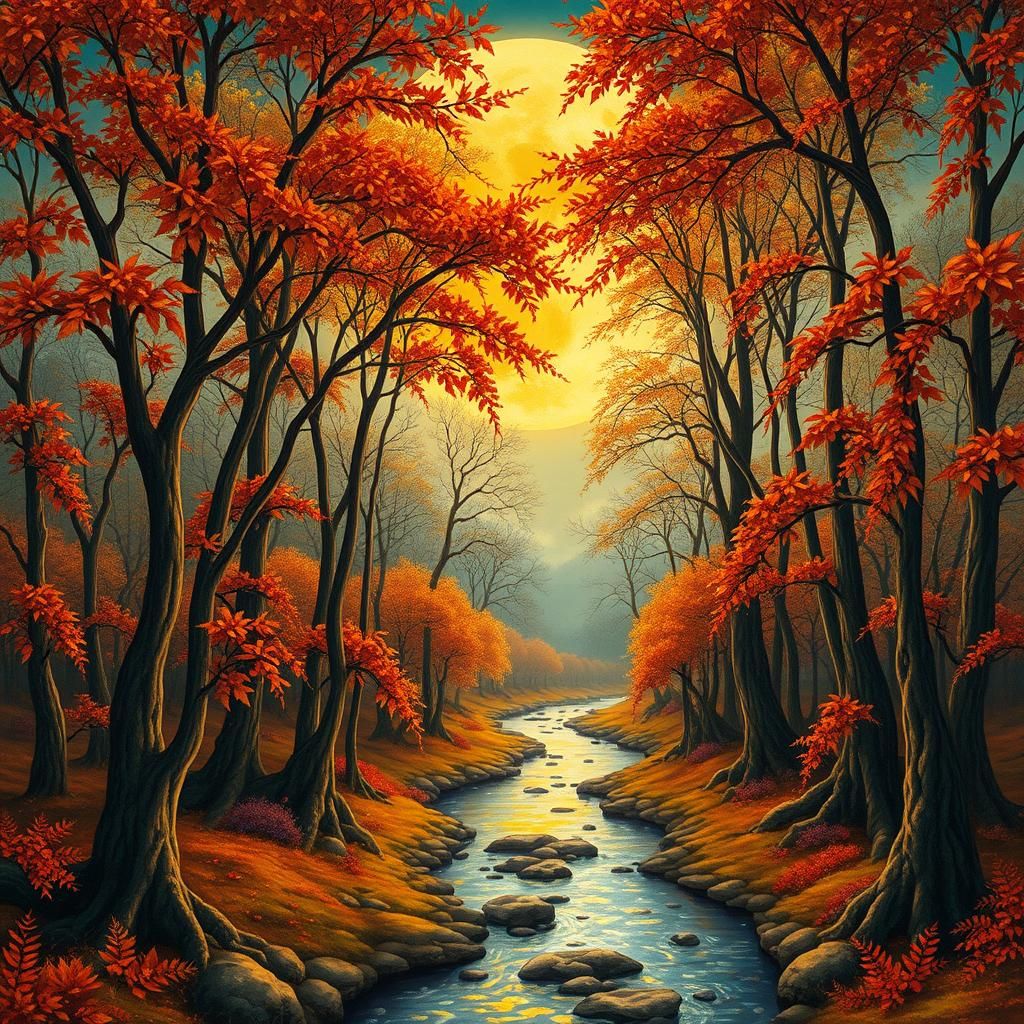 Art Nouveau Autumn Landscape with Golden Moon