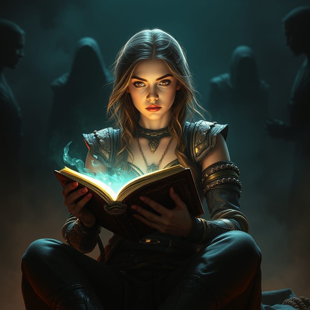 Woman with Mystical Book in Cinematic Style