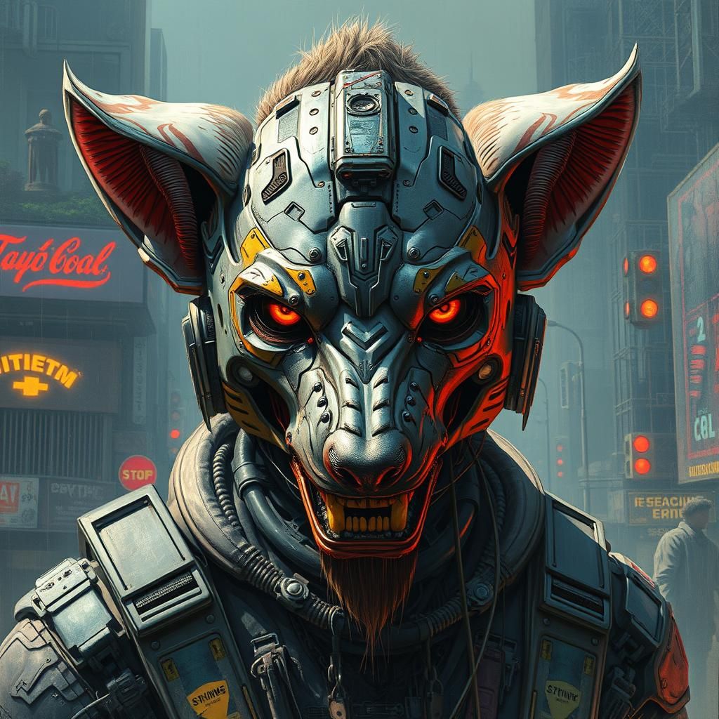 portrait of a cyber-Hyena anthro bot from a futuristic street gang