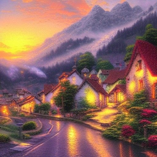 Pyrenees Mountain Town Sunset in Ethereal Style