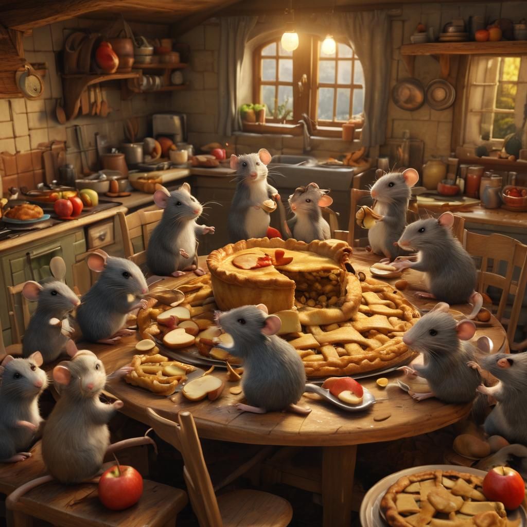 Rats Enjoying Apple Pie in Rustic Kitchen