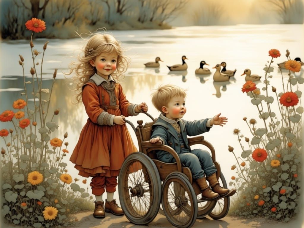 Joyful Siblings Laugh Together at the Pond