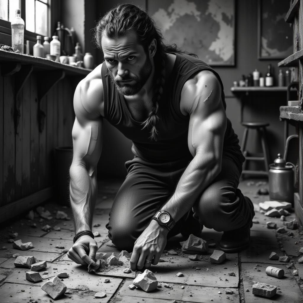 Grungy Bar Scene with Man Cleaning Broken Glass