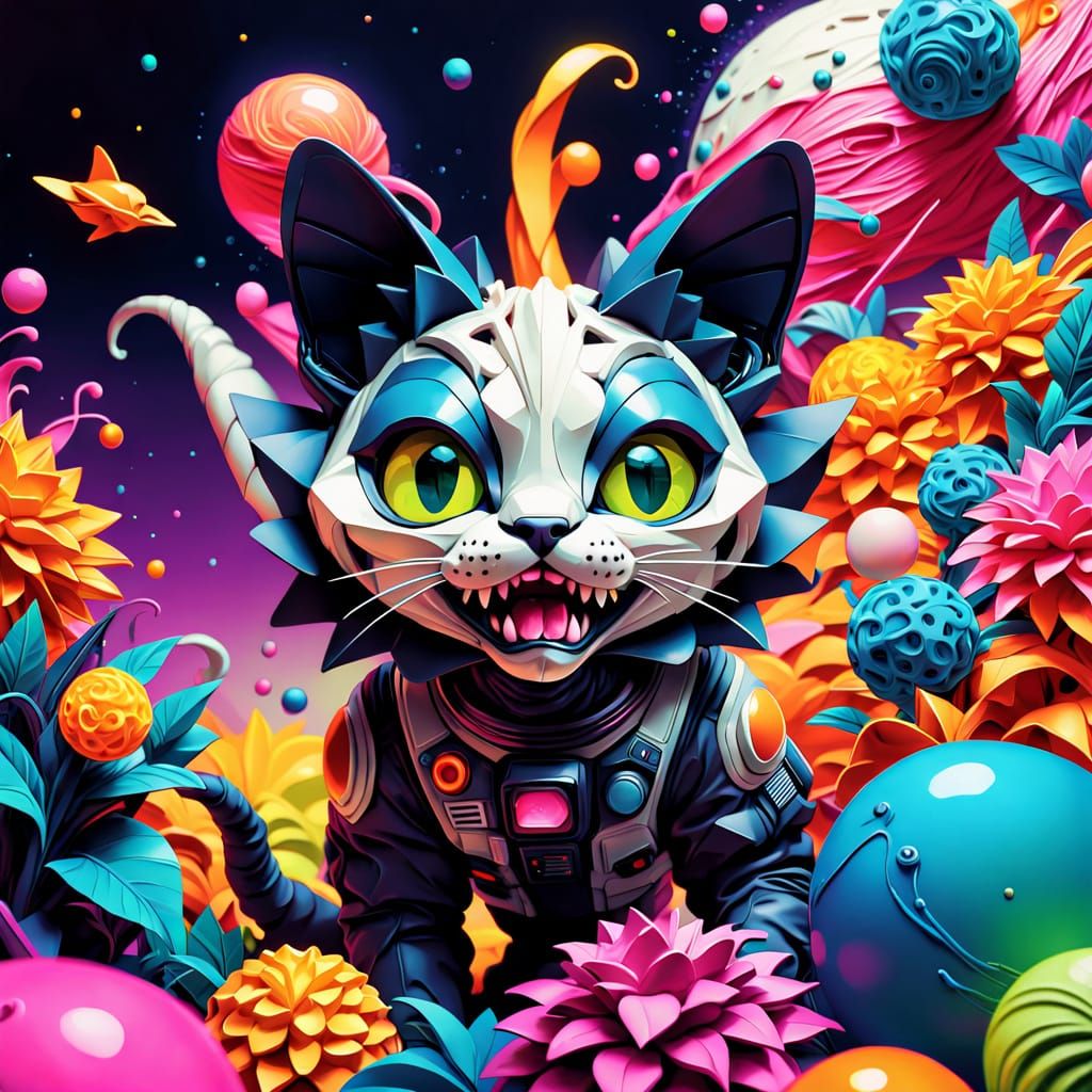 Vibrant Alien Feline Astronaut Exploring Cosmic Cat Paradise