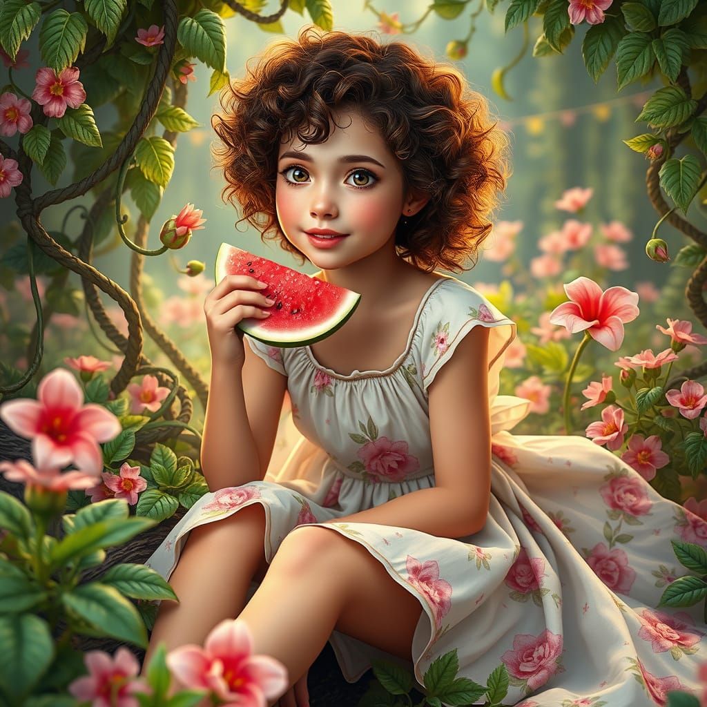 Ethereal Girl in Vibrant Garden, Eating Watermelon in a Drea...