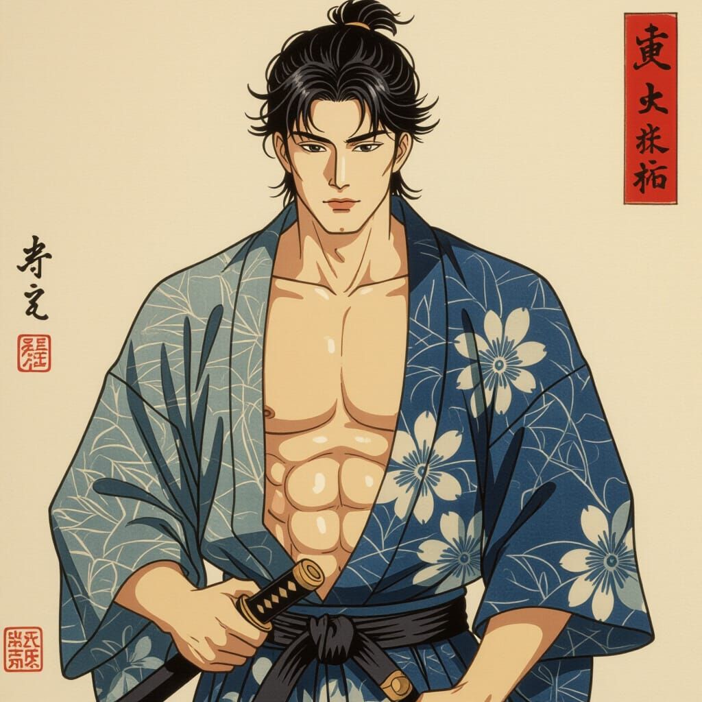 Gay Male Portrait in Yamato-e Style
