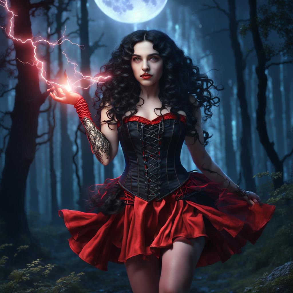 Sorceress Witch Casting Spells Under Full Moon