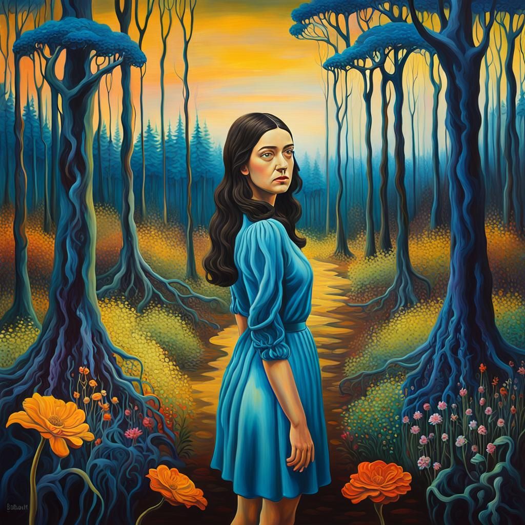 Surreal Young Girl in Melting Forest, Oil Painting