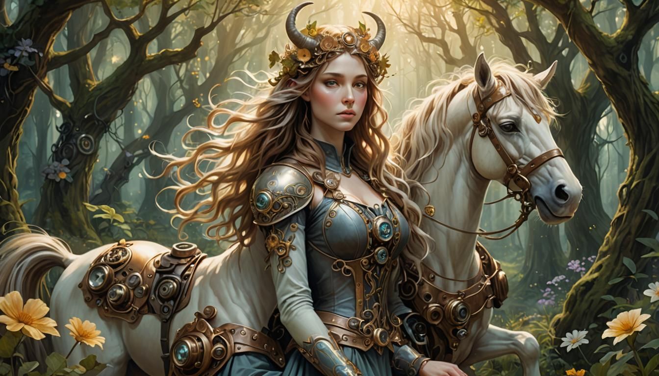 Steampunk Centaur in Mystical Forest Illustration