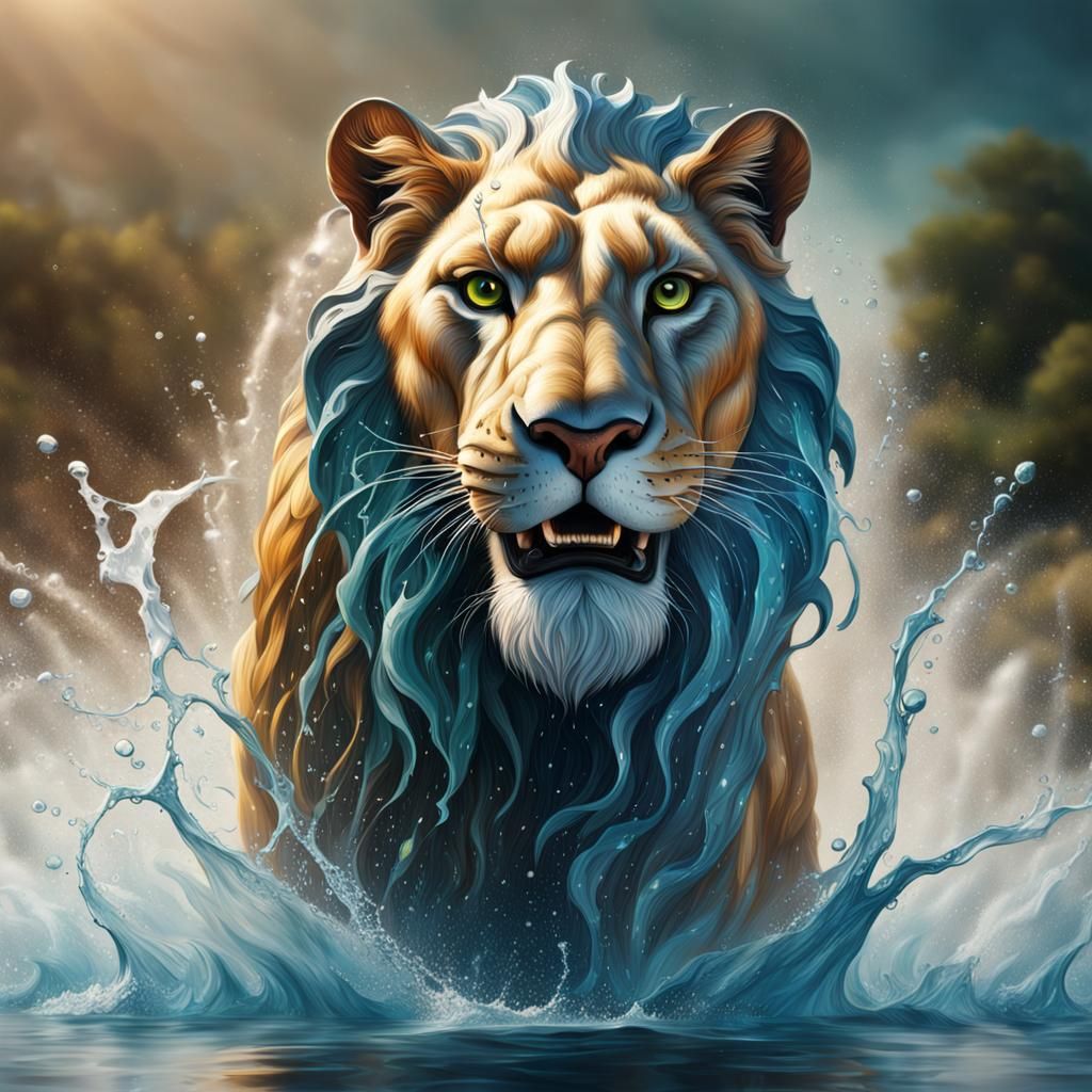 Hyperrealistic Water Lion Splash Art
