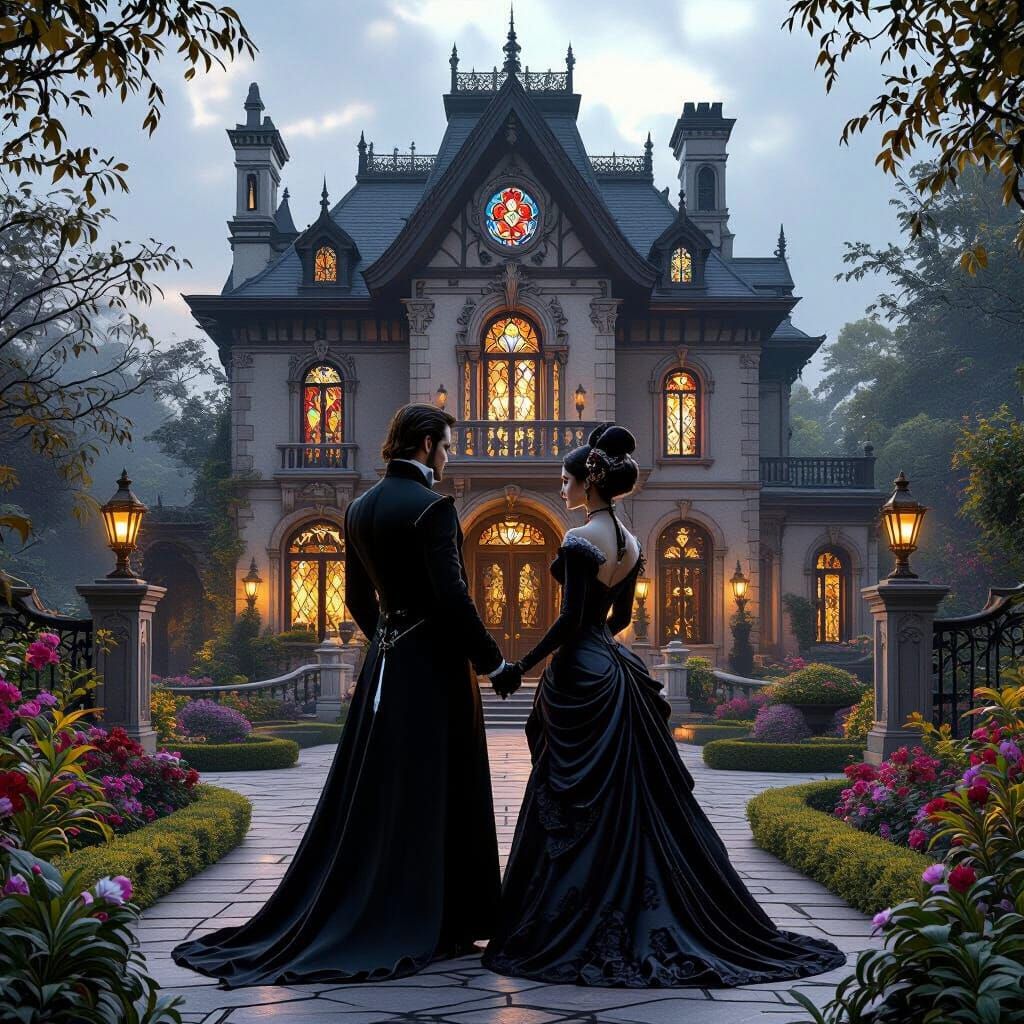 Victorian Vampires Before Mystical Mansion