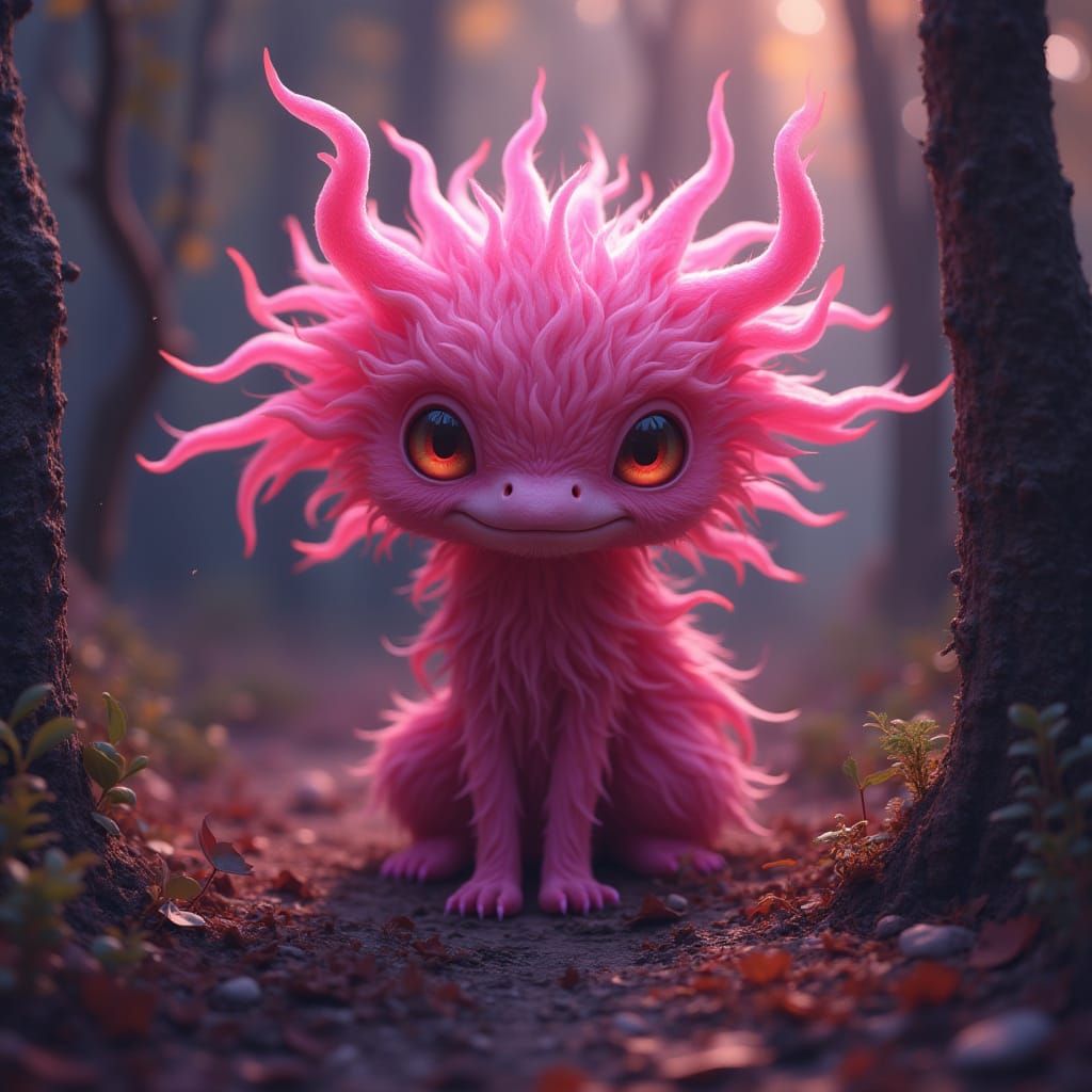Whimsical Pink Eldritch Forest Creature in Vibrant Hues