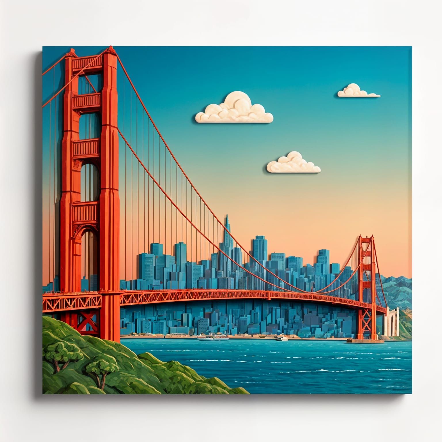 Golden Gate Bridge in Whimsical Bas Relief Art