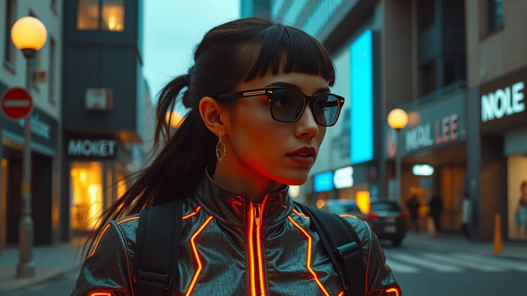 Futuristic Woman Running in Neon Cityscape
